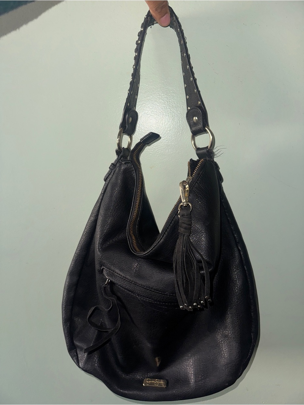 Black Leather Hobo Bag with Tassel - Jessica Simpson